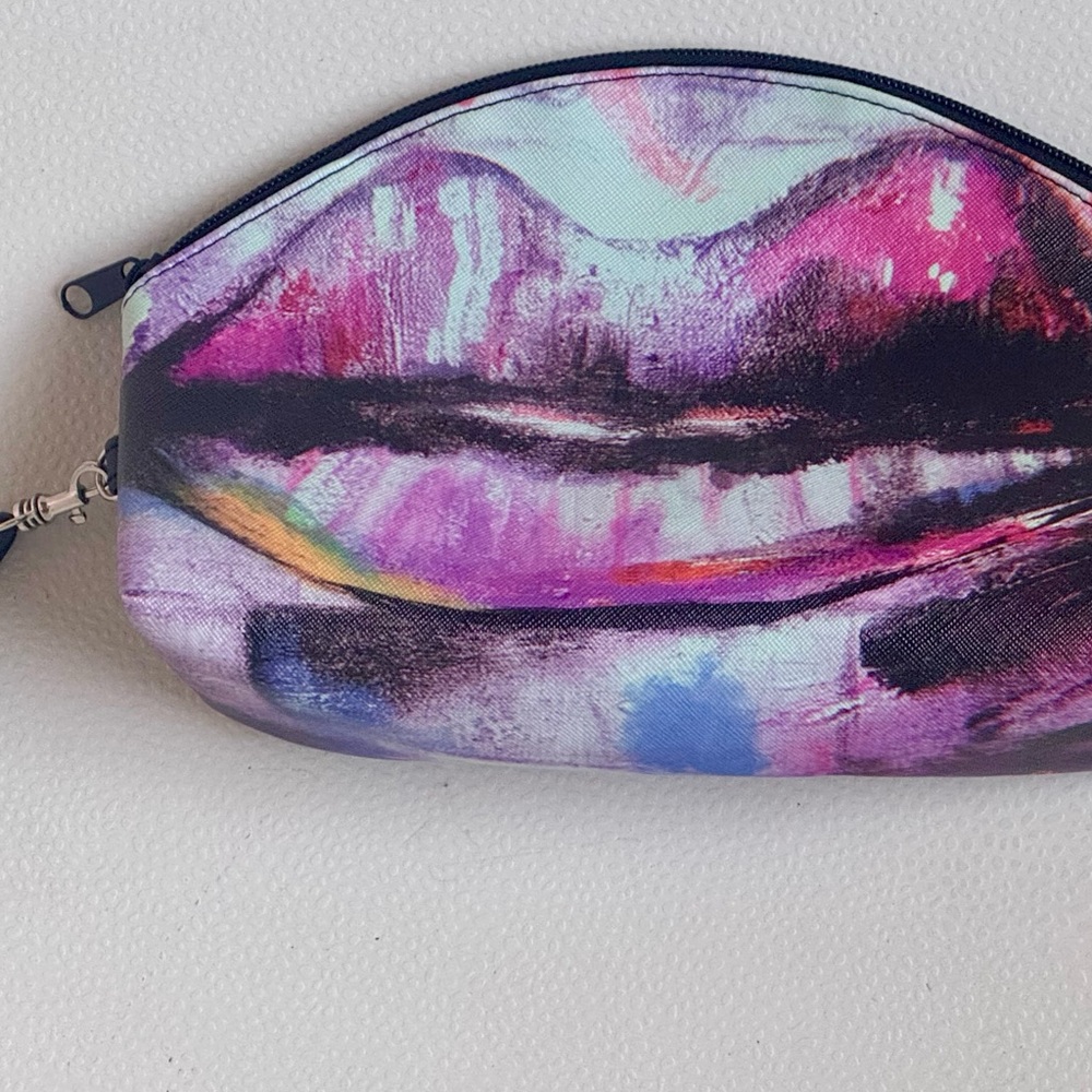 New! Pink and Purple Lip Cosmetic Bag with Artistic Design